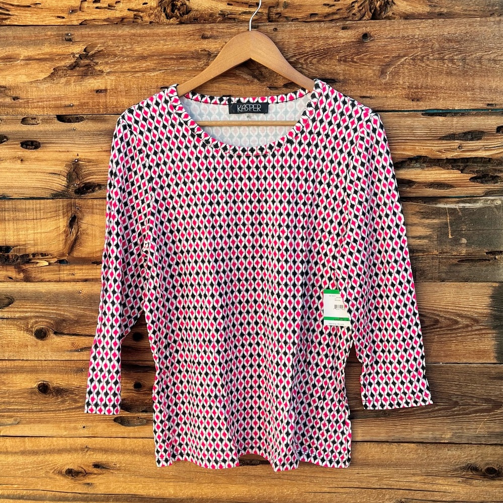 KASPER | NWT Pink Black 3/4 Sleeve Blouse L